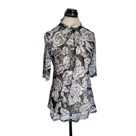 Womens Blouse Top Size Medium Mesh Sheer High Neckline Floral Print Ruffle Black - Picture 2 of 12